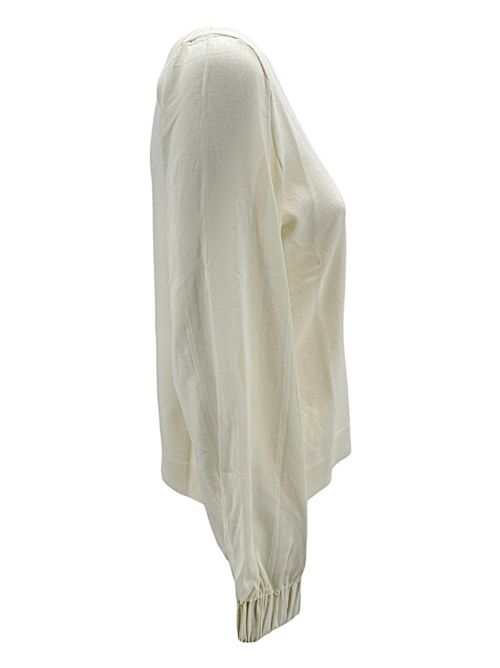 Women's ivory v-neck sweater with muslin sleeves La fileria | 57240-24340004